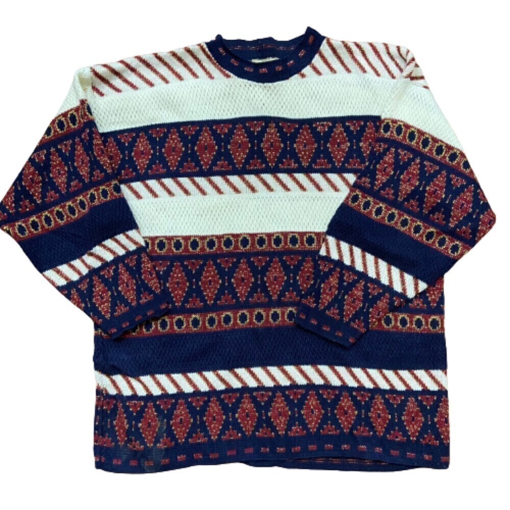 20th Designs Vintage Knit Multicolored Sweater Navy White Red Women's XL
